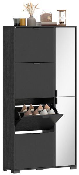 HOMCOM úzký botník na 16 párů s 2 zrcadlovými dveřmi, 4 výklopnými zásuvkami a nastavitelnými policemi, 82 x 30 x 168 cm, černý | Aosom