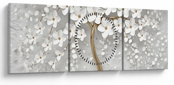 Obraz bílého stromu s květinami (s hodinami) (90x30 cm)
