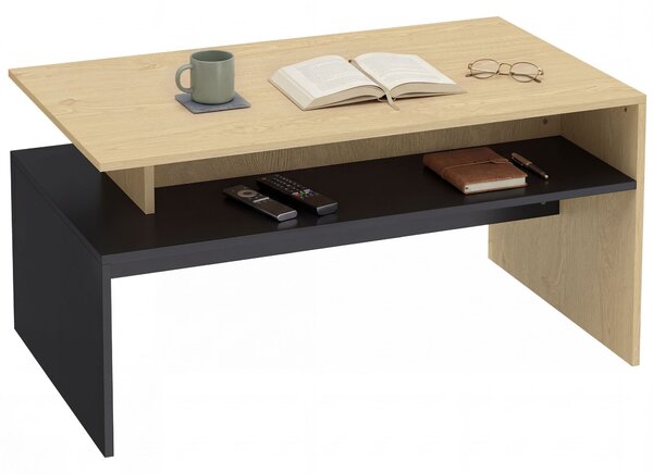 HOMCOM obdélníkový konferenční stolek, moderní dvoubarevný posunutý design s policí, 95 × 55 × 50 cm, přírodní dřevo & černá | Aosom