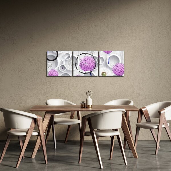 Obraz 3D abstrakce s kruhy a květinami (s hodinami) (90x30 cm)