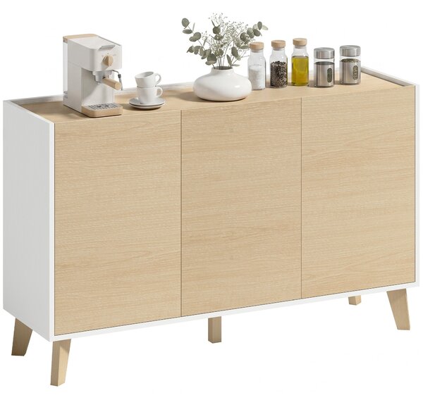 HOMCOM kuchyňský příborník, severská komoda s 3 dvířky s tichým dovíráním, 6 přihrádek, TV stolek do 50" (127 cm), 120 x 35 x 73,5 cm, přírodní/bílá |