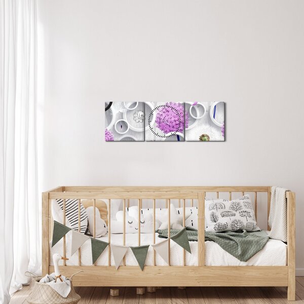 Obraz 3D abstrakce s kruhy a květinami (s hodinami) (90x30 cm)