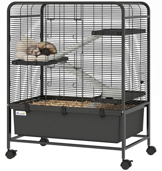 Ocelová klec PawHut pro malé zvířata, 4 patra, plošiny, rampy a kolečka — napáječka, miska a vyjímatelný podnos, 75 x 46 x 94,5 cm, černá (vhodné pro