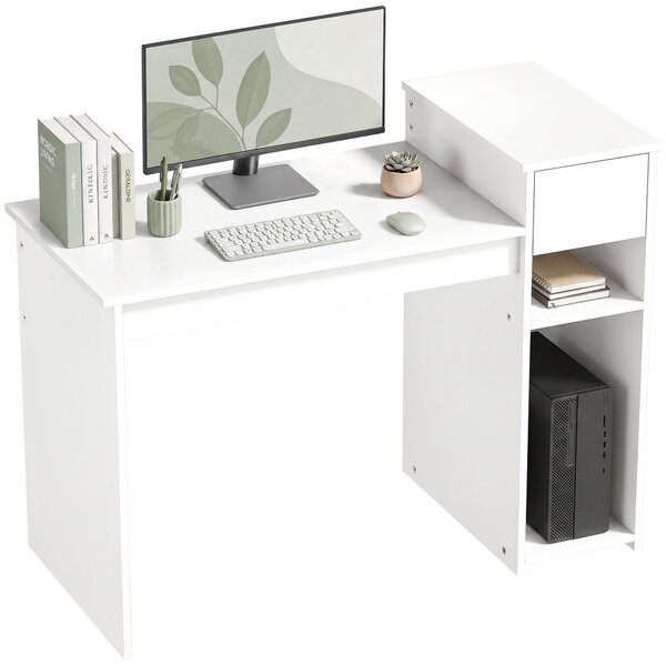 HOMCOM psací stůl s šuplíkem a policí, stojan na PC, 108 x 50 x 82 cm, moderní, pracovní stůl do ložnice/studia, bílý | Aosom