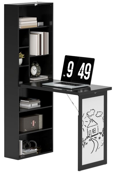 HOMCOM Desk with Bookshelf & Whiteboard – Space-Saving Foldable Pine Wood Top, Adjustable Shelf, 9 Open Shelves, Work Table for Home Office/Study, 38
