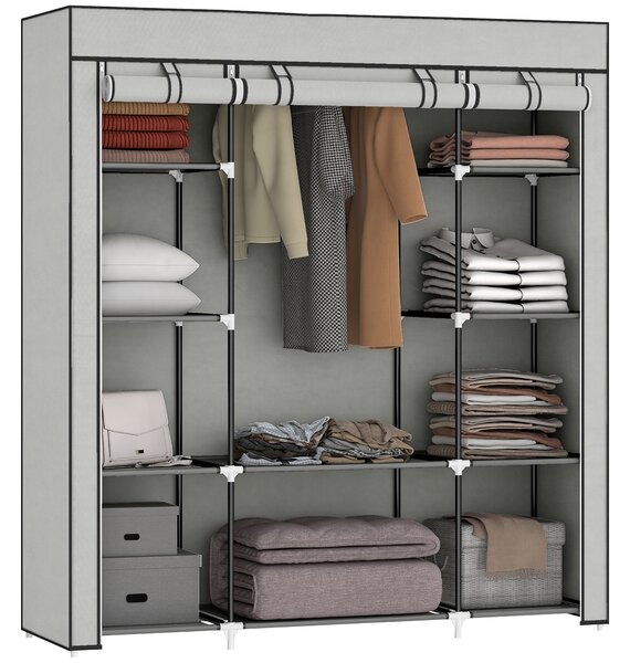 HOMCOM Fabric Wardrobe with Hanging Rod & 10 Shelves, Foldable Closet Organizer, 59 x 17 x 64 in, Light Gray | Aosom