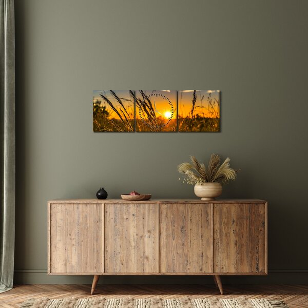 Obraz pole při západu slunce (s hodinami) (90x30 cm)
