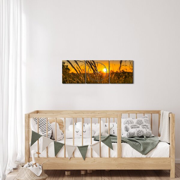 Obraz pole při západu slunce (s hodinami) (90x30 cm)
