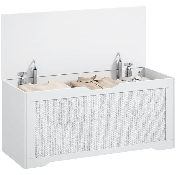 HOMCOM 136 l úložná lavice s panelem z PE ratanu, měkké dovírání víka, bezúchytový design — 100 x 40 x 45 cm, bílá | Aosom