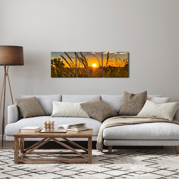 Obraz pole při západu slunce (s hodinami) (90x30 cm)