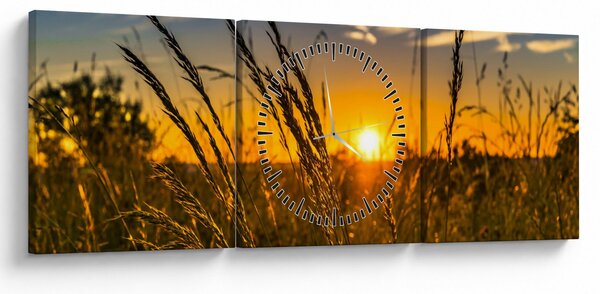 Obraz pole při západu slunce (s hodinami) (90x30 cm)