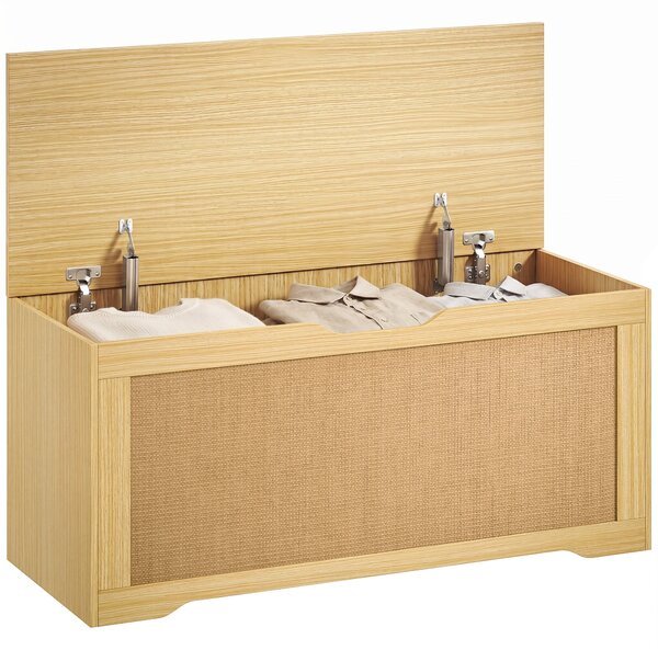 HOMCOM úložná truhla-lavice 108 l (28,5 US gal) s ratanovým panelem, víkem s podpěrami, bezúchytový design — 80 x 40 x 45 cm, dub | Aosom