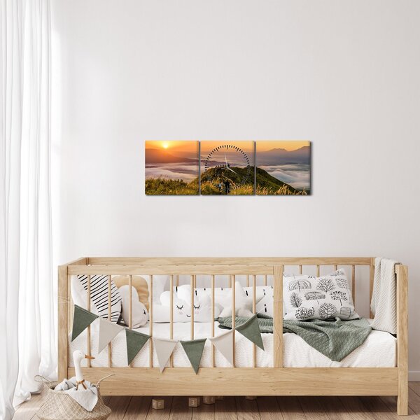 Obraz hory při západu sluce (s hodinami) (90x30 cm)