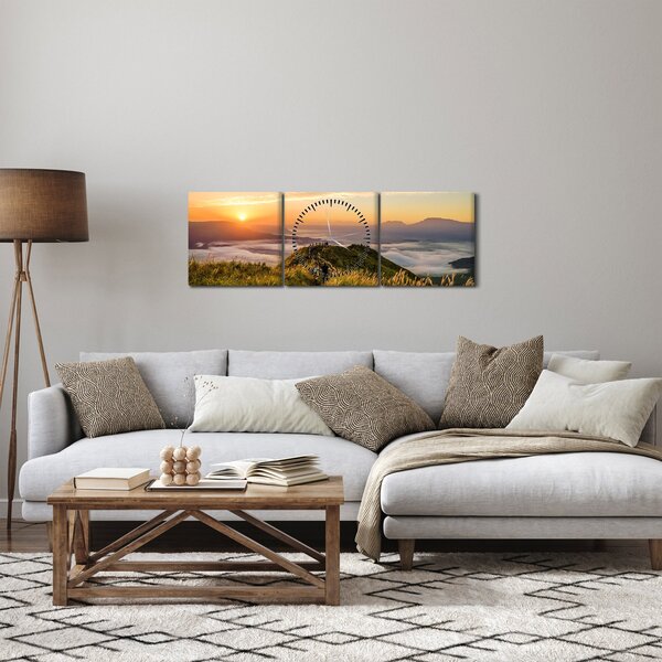 Obraz hory při západu sluce (s hodinami) (90x30 cm)