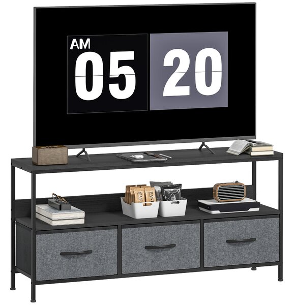 TV stolek HOMCOM pro televize do 55 palců s 3 skládacími látkovými zásuvkami a policí, do obýváku i ložnice, 120 × 29 × 56 cm, černý | Aosom
