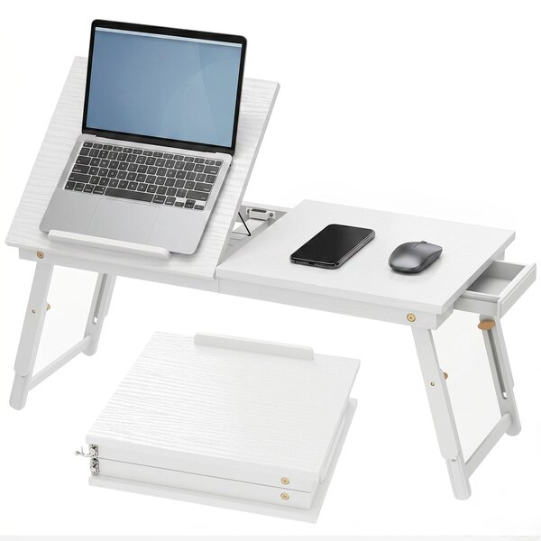 HOMCOM skládací nastavitelný stolek na postel s naklápěcí deskou a zásuvkou, bambus, 83,6 x 33 x 23,6–34,0 cm | Aosom