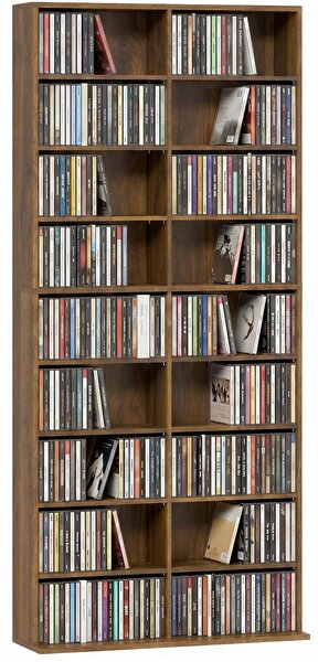 HOMCOM skříňka na CD a DVD – pojme až 640 CD / 360 DVD / 430 Blu-ray, 18 přihrádek, 14 nastavitelných polic, tmavý ořech, 78,5 x 24 x 175 cm | Aosom
