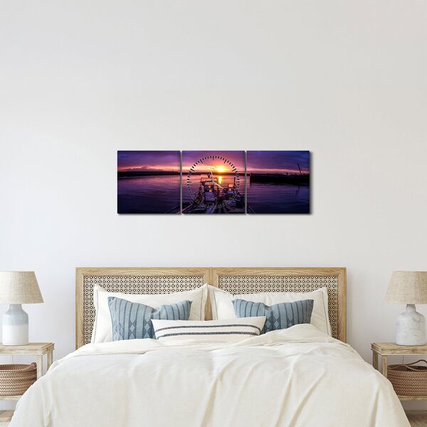 Obraz rybářských lodí v přístavu (s hodinami) (90x30 cm)
