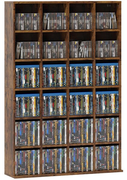 HOMCOM regál na CD a DVD, organizér médií – 456 CD / 336 DVD, 24 přihrádek, 16 nastavitelných polic, 89 x 20 x 130,5 cm, rustikální hnědá | Aosom