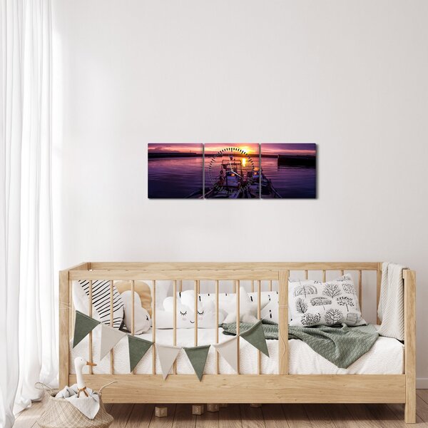 Obraz rybářských lodí v přístavu (s hodinami) (90x30 cm)