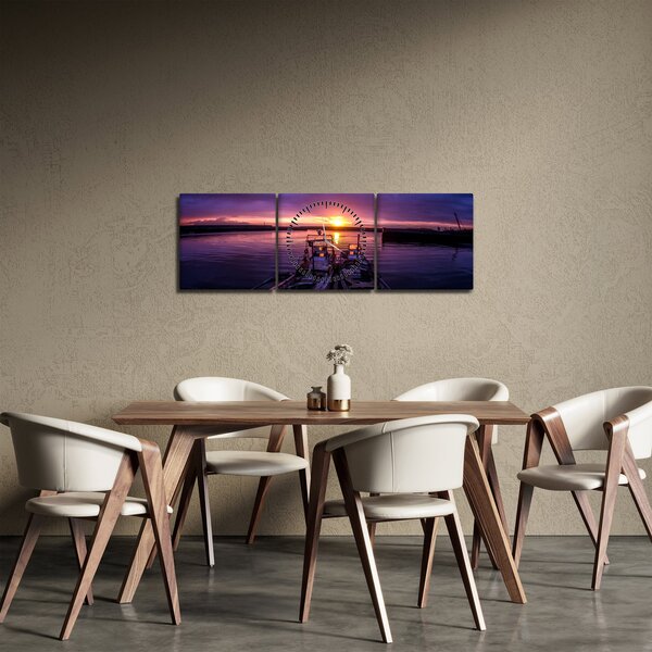 Obraz rybářských lodí v přístavu (s hodinami) (90x30 cm)