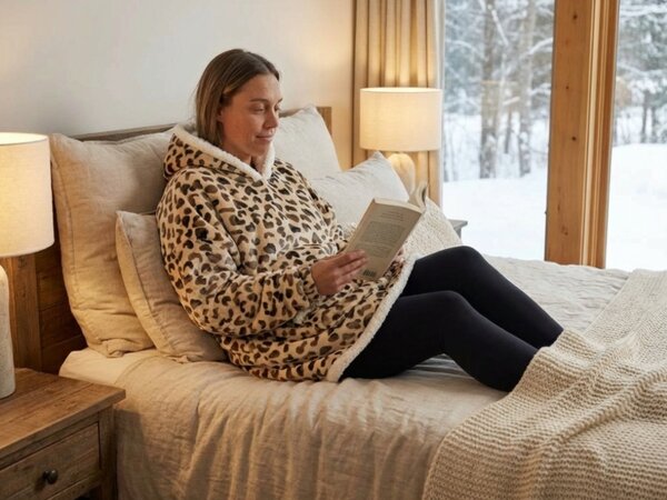 Beránková mikinová deka s rukávy a kapucí LEOPARD, krémová