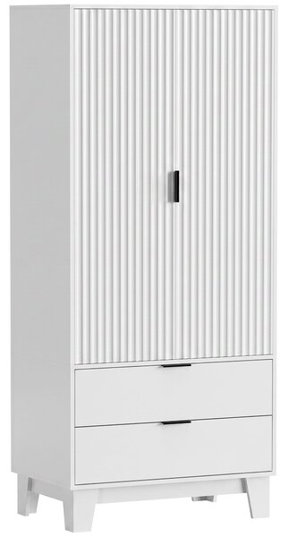 HOMCOM dvoudveřová skříň se žebrovanými dveřmi s tichým dovíráním, 2 zásuvky a šatní tyč, moderní bílá – 80 x 50 x 180 cm | Aosom
