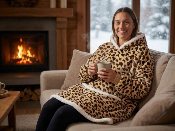 Beránková mikinová deka s rukávy a kapucí LEOPARD, krémová