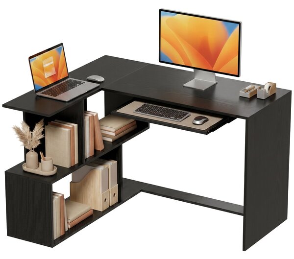 HOMCOM L-rohový stůl, 120 x 100 x 76 cm – počítačový stůl s výsuvnou zásuvkou a 4 otevřenými přihrádkami, moderní styl, černý dekor | Aosom