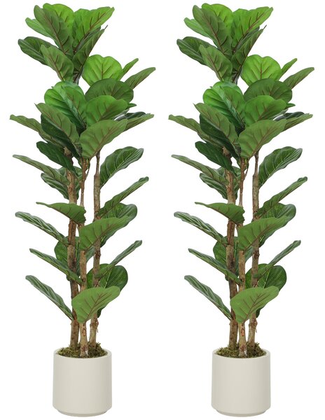 HOMCOM sada 2 umělých fíkusů (Fiddle Leaf Fig), 120 cm, 45 listů, plastové květináče a dřevěné kmínky, dekorativní rostliny do bytu a kanceláře | Aoso