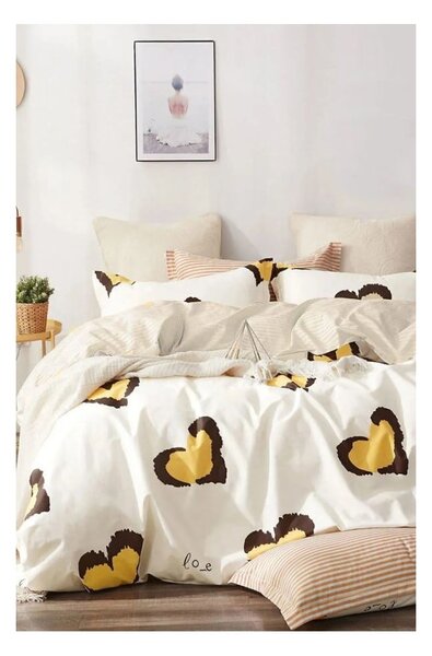Žluté prodloužené povlečení na dvoulůžko z bavlny Renforcé s prostěradlem/4dílné 200x220 cm Double Heart – Mila Home