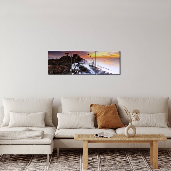 Obraz hory v mlze (s hodinami) (90x30 cm)