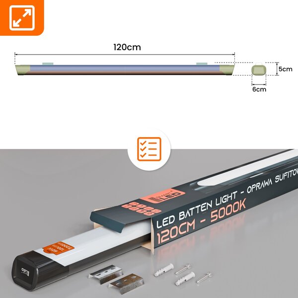 Průmyslové LED svítidlo 60 W, 7200 lm, 120 cm, neutrální bílá, IP65