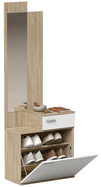HOMCOM předsíňová sestava se zrcadlem a výklopným botníkem, 2dílný organizér do předsíně se sedátkem, 61 x 30 x 170 cm, bílá/přírodní | Aosom