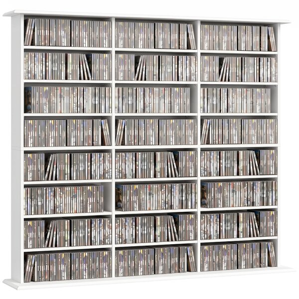 HOMCOM skříňka na CD a DVD – úzký organizér médií, pojme až 1 032 CD / 594 DVD a Blu‑ray, 24 přihrádek, 18 nastavitelných polic, bílá (145 × 24 × 126