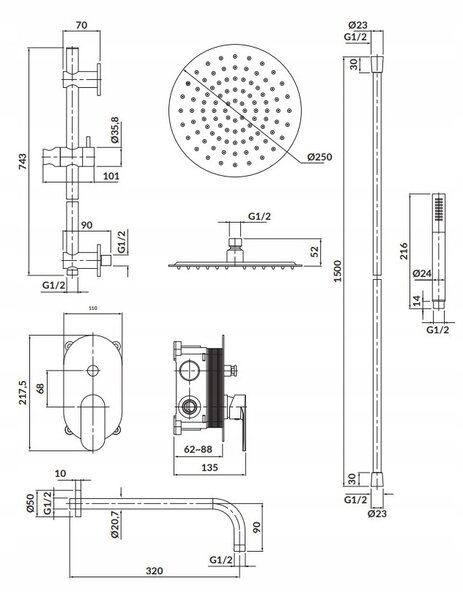 Cersanit Crea - set B258 podomítková sprchová sada, černá, S952-009