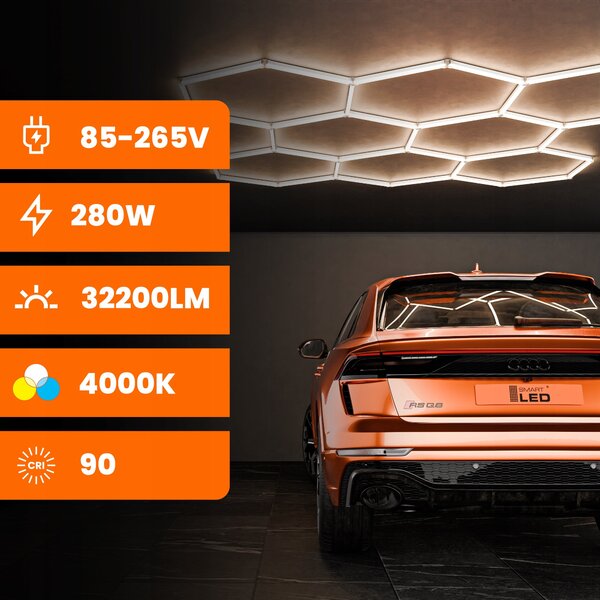 LED HEXAGON osvětlení do garáže 313 × 298 cm, 280 W, neutrální bílá 4000 K, IP54