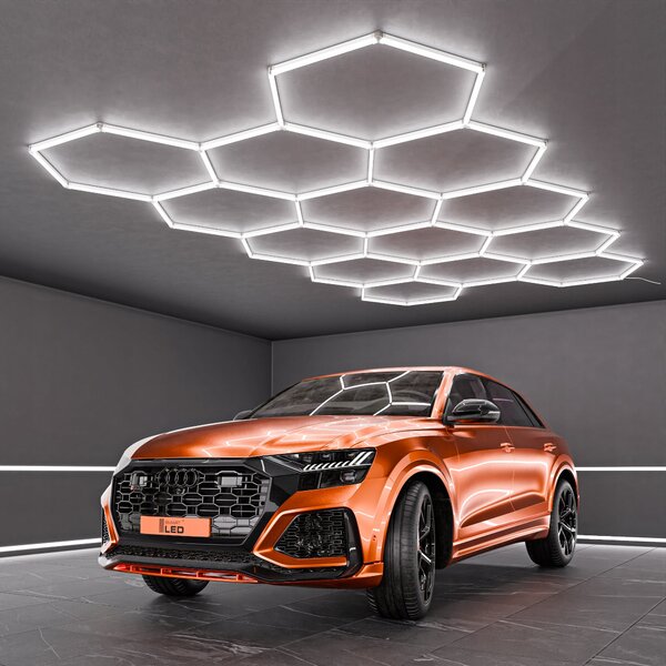 LED HEXAGON osvětlení do garáže 522 × 298 cm, 456 W, studená bílá 6500 K, IP54