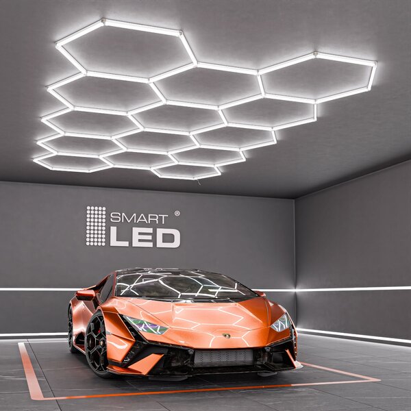 LED HEXAGON osvětlení do garáže 522 × 298 cm, 456 W, studená bílá 6500 K, IP54