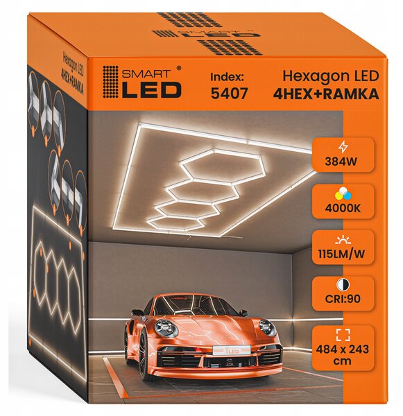 LED HEXAGON osvětlení do garáže 484 × 243 cm, 384 W, neutrální bílá 4000 K, IP54