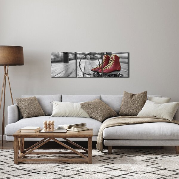 Obraz červených starých kolečkových bot (s hodinami) (90x30 cm)
