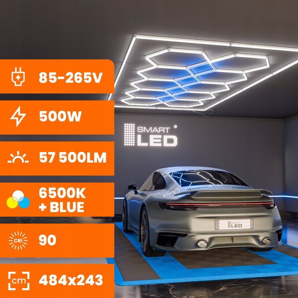 LED HEXAGON osvětlení do garáže 500 W, 484 × 243 cm, studená bílá, IP54
