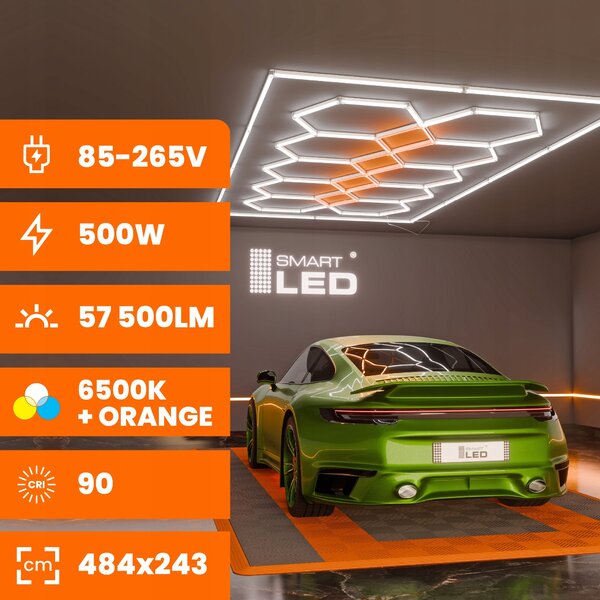 LED HEXAGON osvětlení do garáže 500 W, 484 × 243 cm, studená bílá, IP54