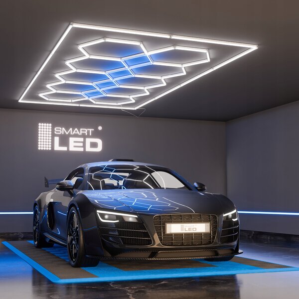 LED HEXAGON osvětlení do garáže 500 W, 484 × 243 cm, studená bílá, IP54