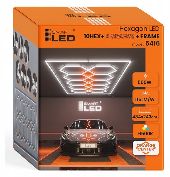 LED HEXAGON osvětlení do garáže 500 W, 484 × 243 cm, studená bílá, IP54