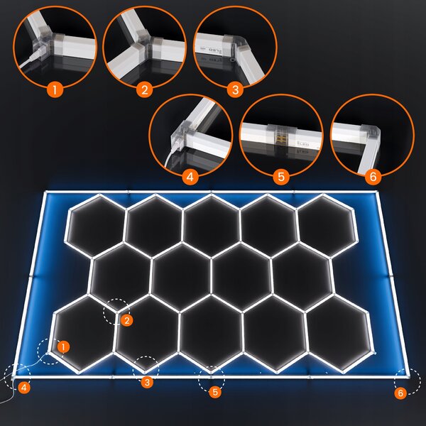 LED HEXAGON osvětlení do garáže 672 W, 484 × 243 cm, studená bílá, IP54