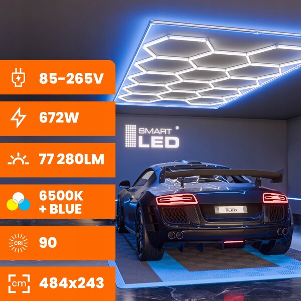 LED HEXAGON osvětlení do garáže 672 W, 484 × 243 cm, studená bílá, IP54
