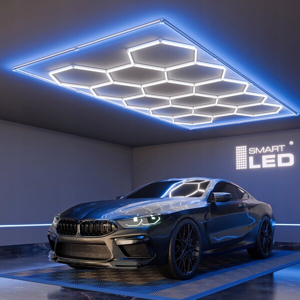 LED HEXAGON osvětlení do garáže 672 W, 484 × 243 cm, studená bílá, IP54