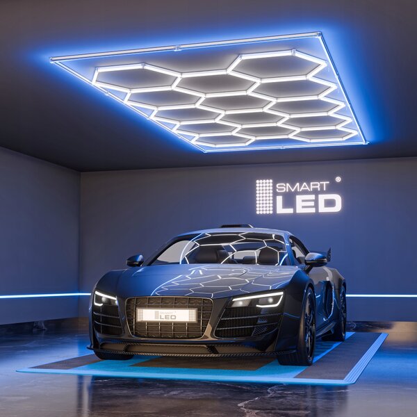 LED HEXAGON osvětlení do garáže 672 W, 484 × 243 cm, studená bílá, IP54
