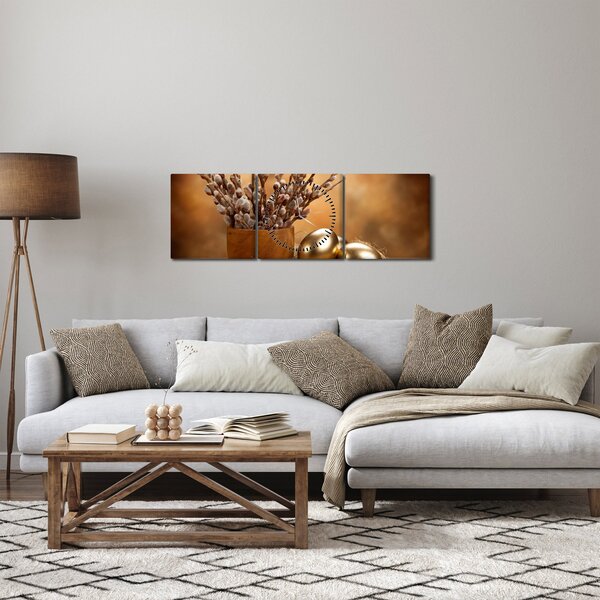 Obraz vejcí a kočiček (s hodinami) (90x30 cm)